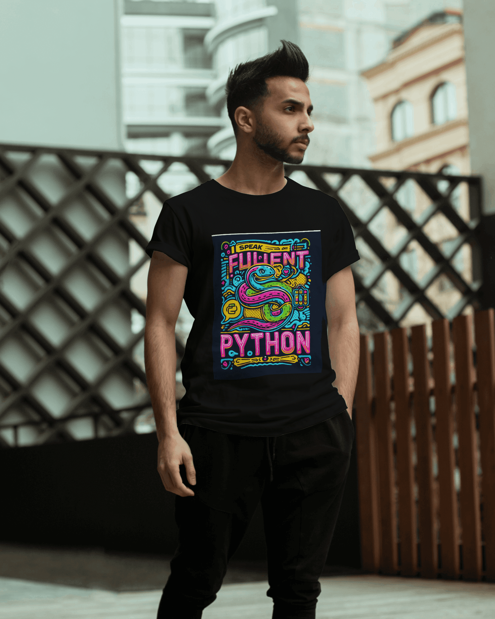 I Speak Fluent Python - Half Sleeves Round Neck Black T-Shirt