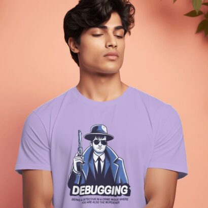 "Young man wearing a light purple T-shirt with a graphic of a noir-style detective holding a gun, and the text 'DEBUGGING: Being a detective in a crime movie where you are also the murderer.' Ideal for coding enthusiasts, software developers, and tech-themed apparel."